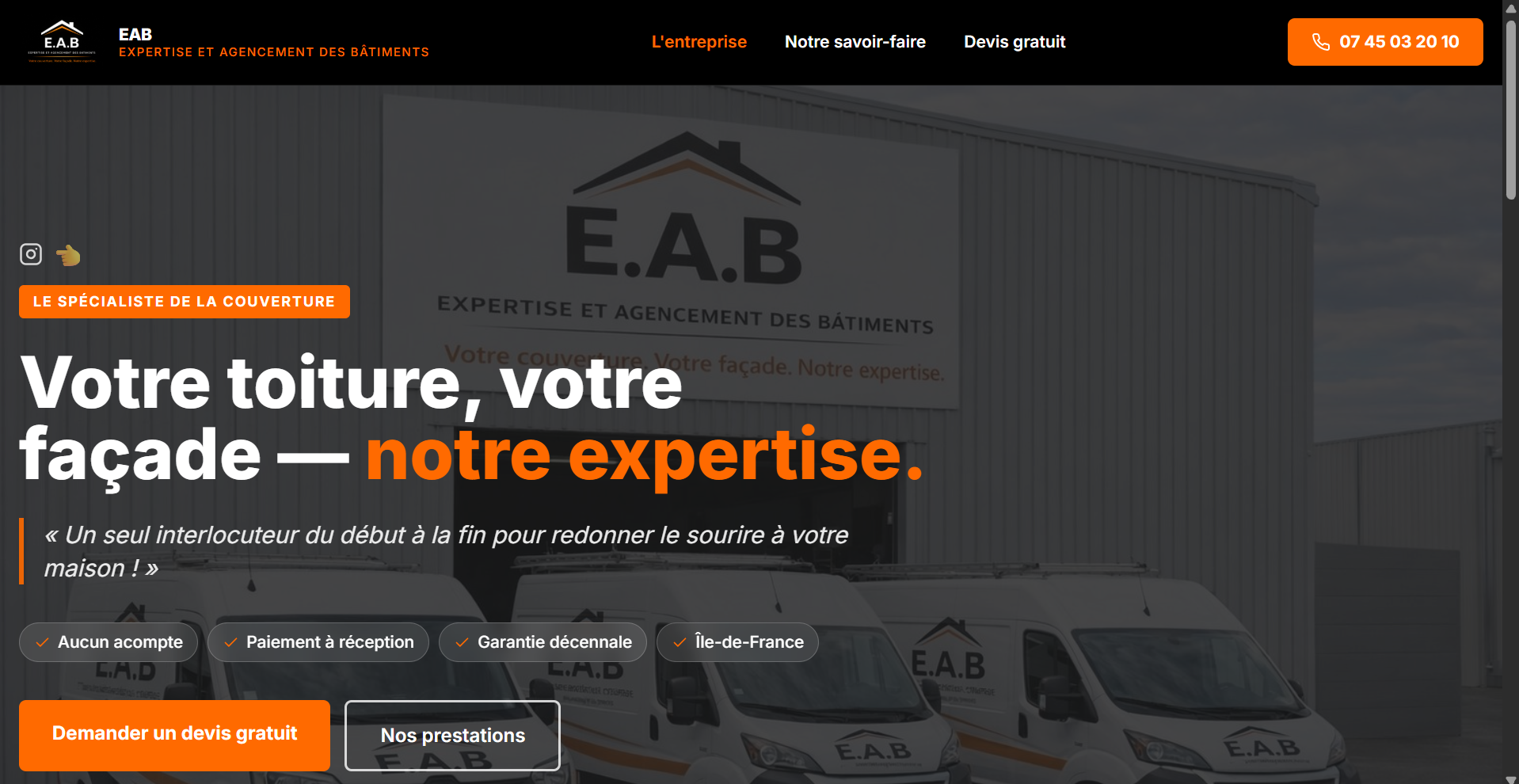 Aperçu du site web EAB – Expertise et Agencement des Bâtiments, spécialiste de la couverture en Île-de-France